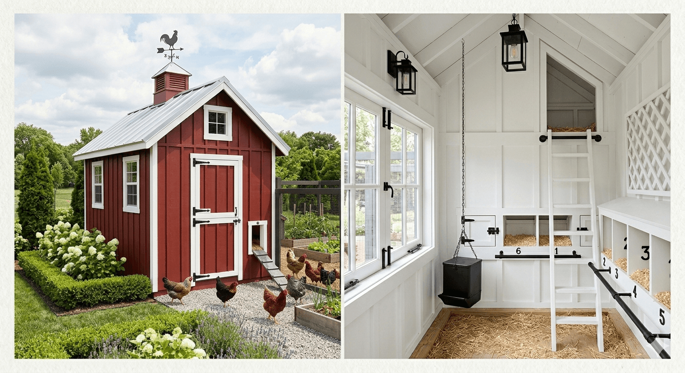 Red barn-style miniature chicken coop with a fenced run