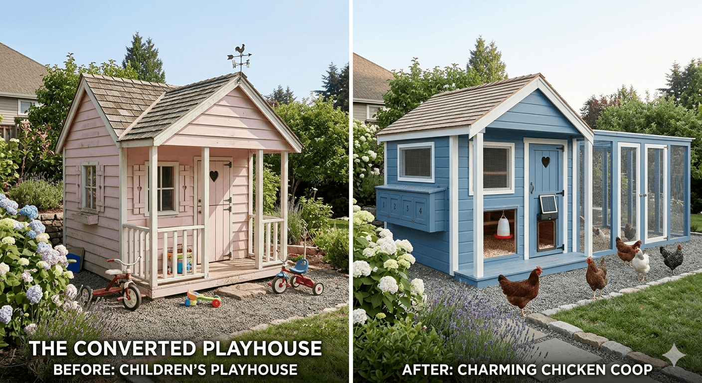 Converted playhouse used as a backyard chicken coop