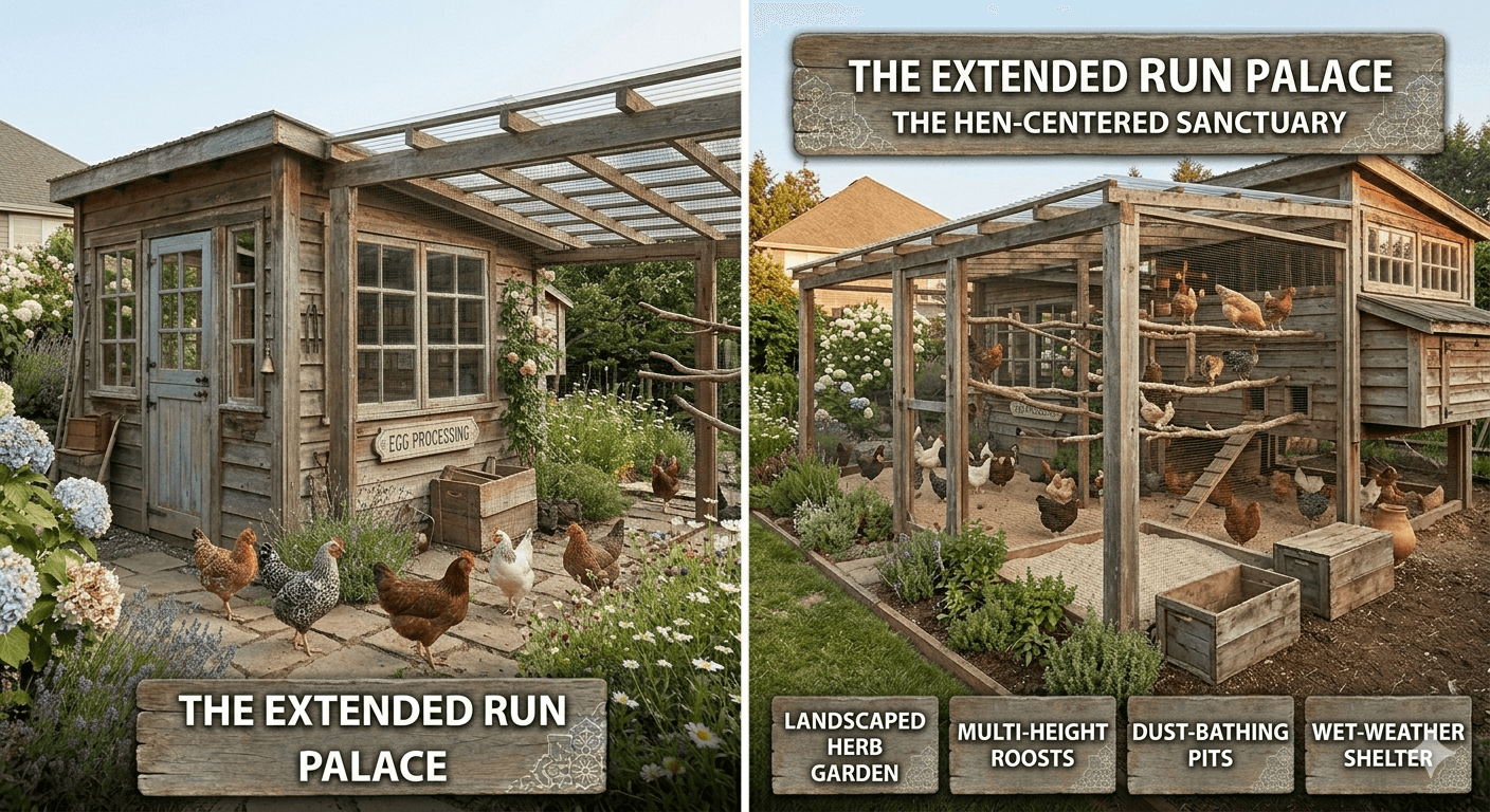 Large chicken coop with an extended enclosed run