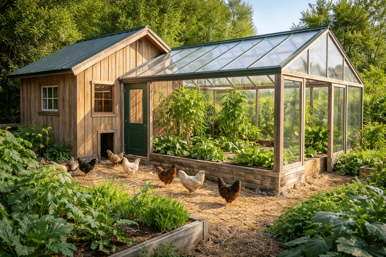 Greenhouse-integrated chicken coop with a covered run