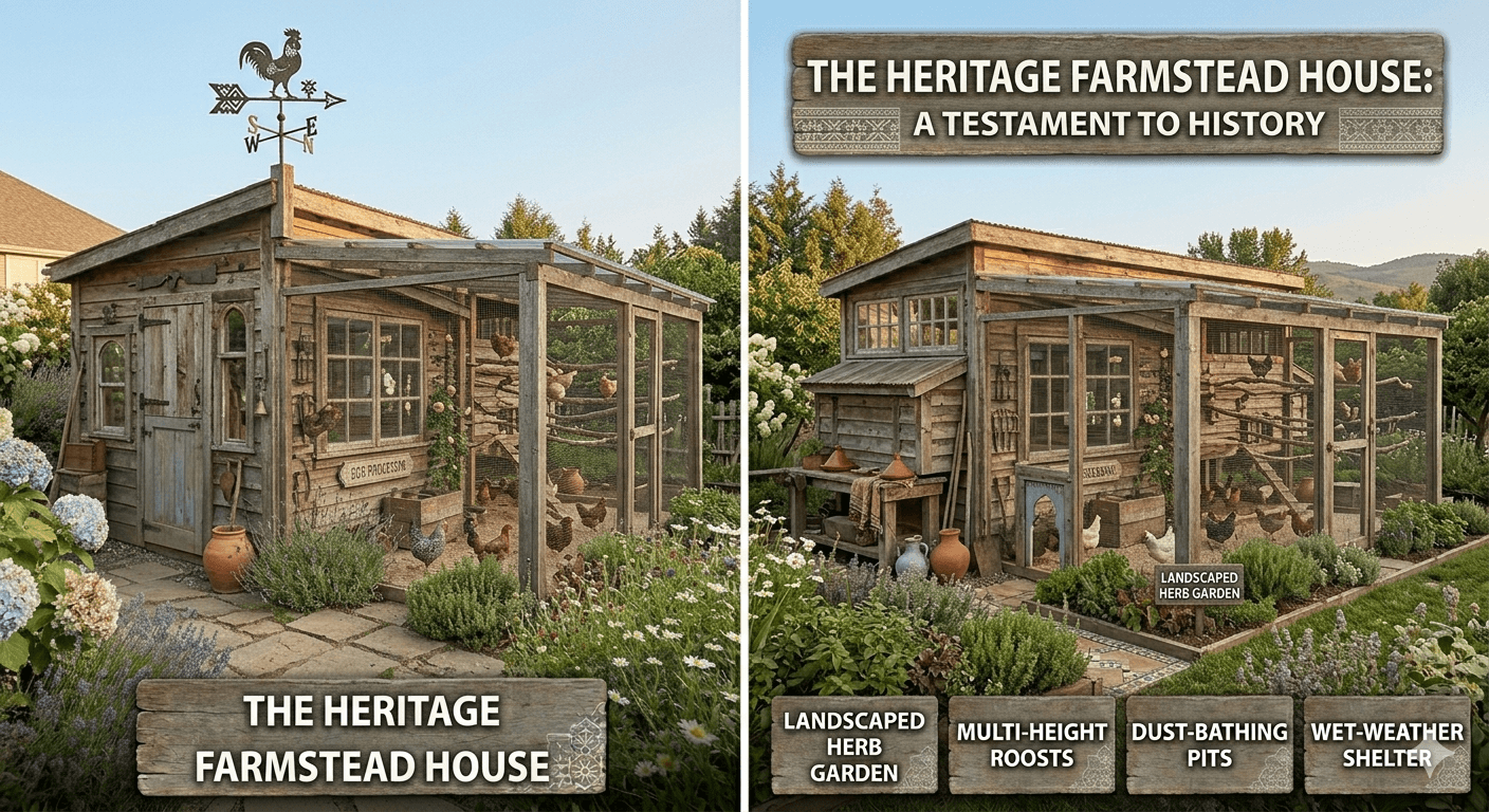 Heritage farmstead-style chicken coop and run