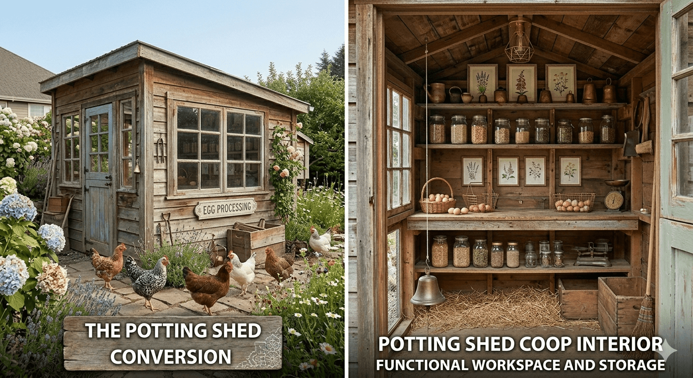 Potting shed converted into a backyard chicken coop