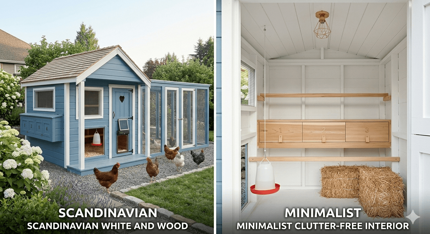 Scandinavian-style white and wood chicken coop