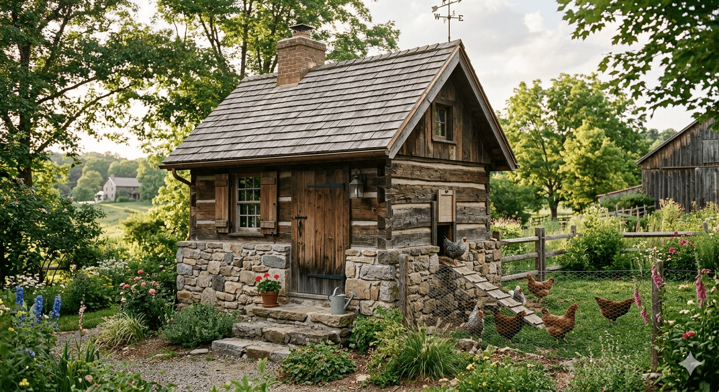Stone-foundation cottage-style chicken coop with an enclosed run