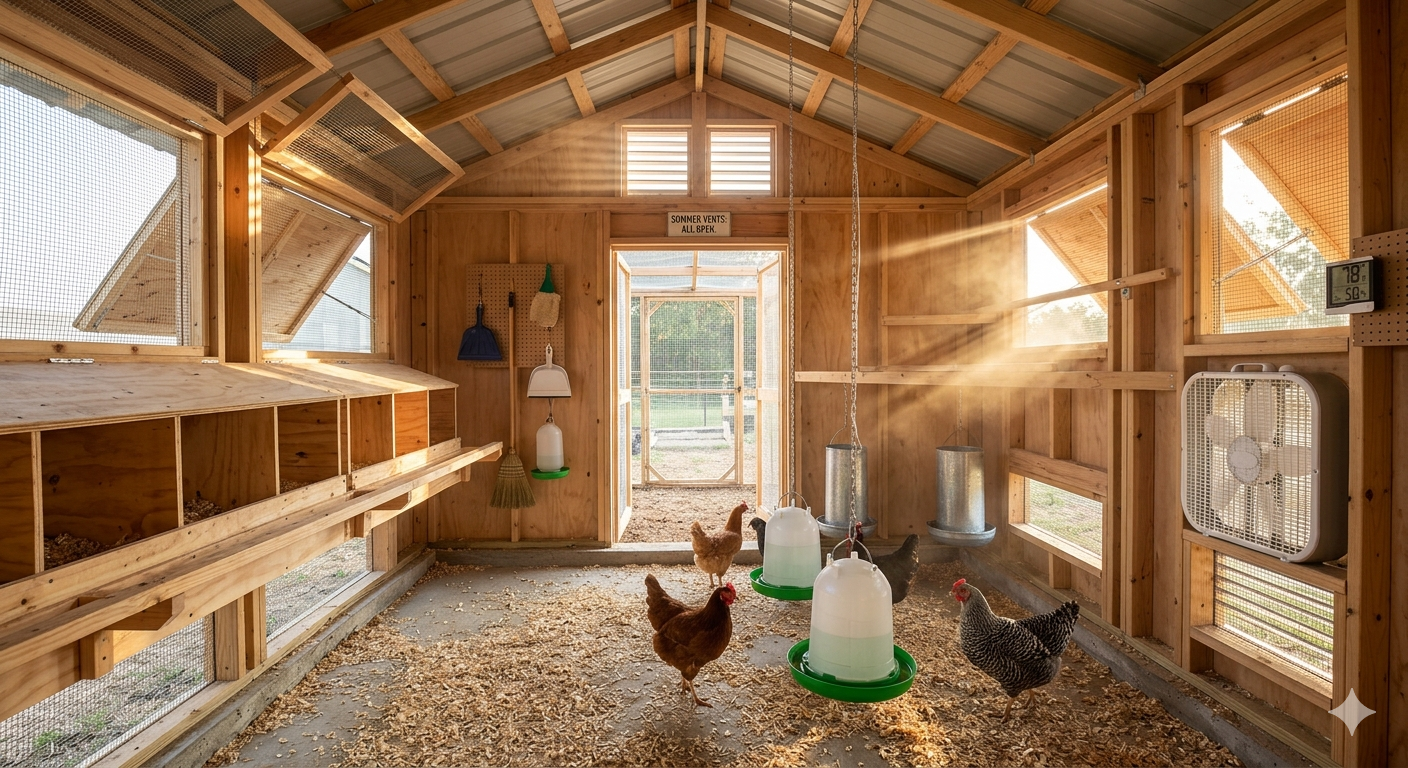 Backyard chickens resting in deep summer shade