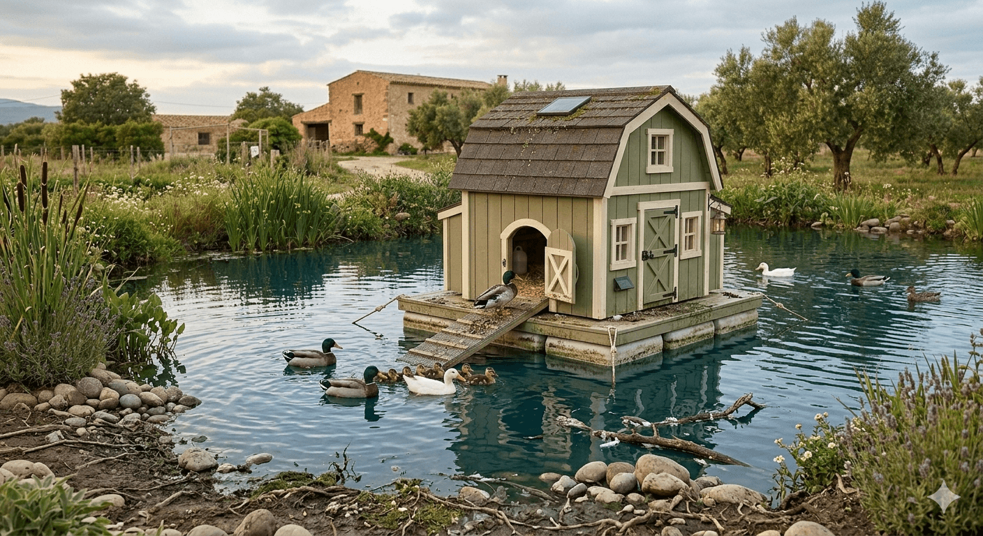 Landscaped duck habitat with shade and drainage