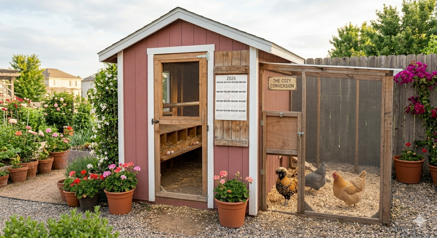 Lean-to chicken coop beside a fence
