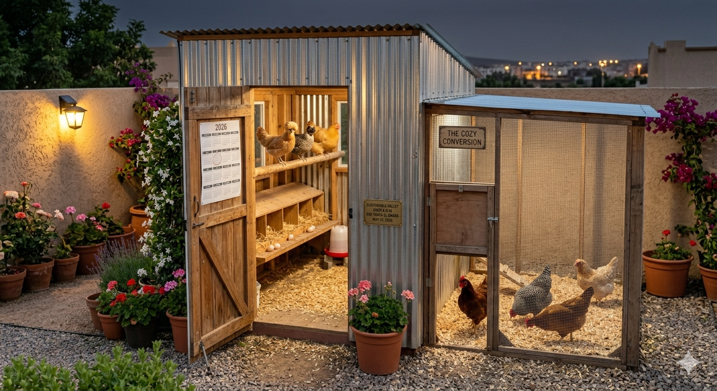 Weatherproof chicken coop built with reclaimed pallet framing