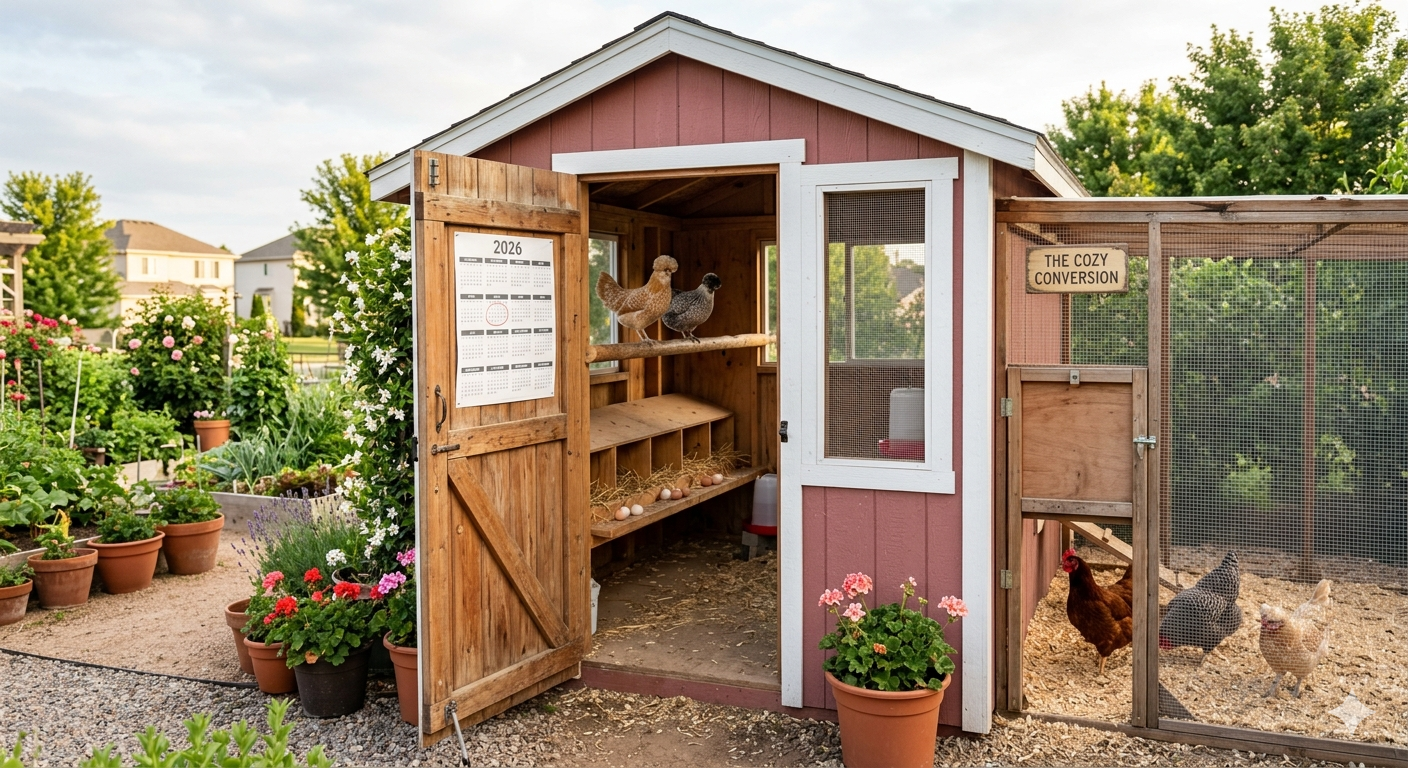 Garden shed converted into a ventilated chicken coop