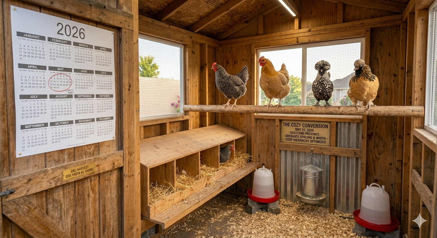 Chicken roost bars installed above nesting areas