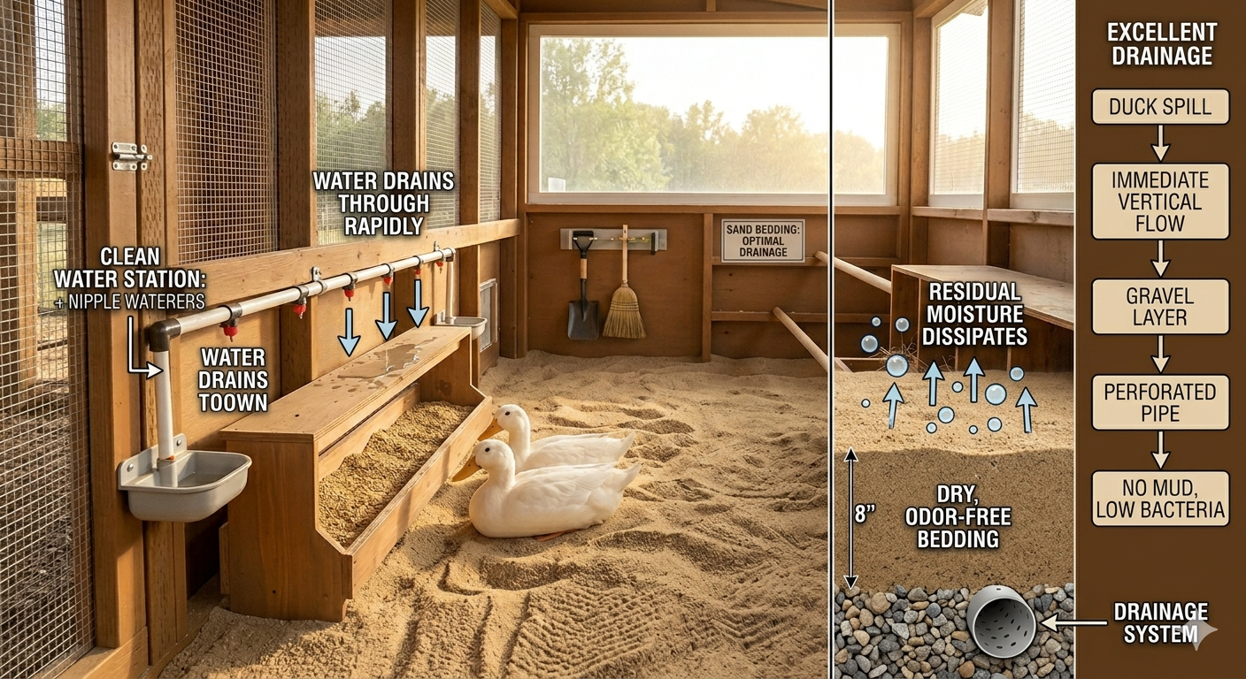 Clean coarse sand in a well-drained duck enclosure