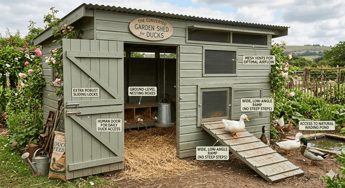Walk-in duck coop with cleaning access