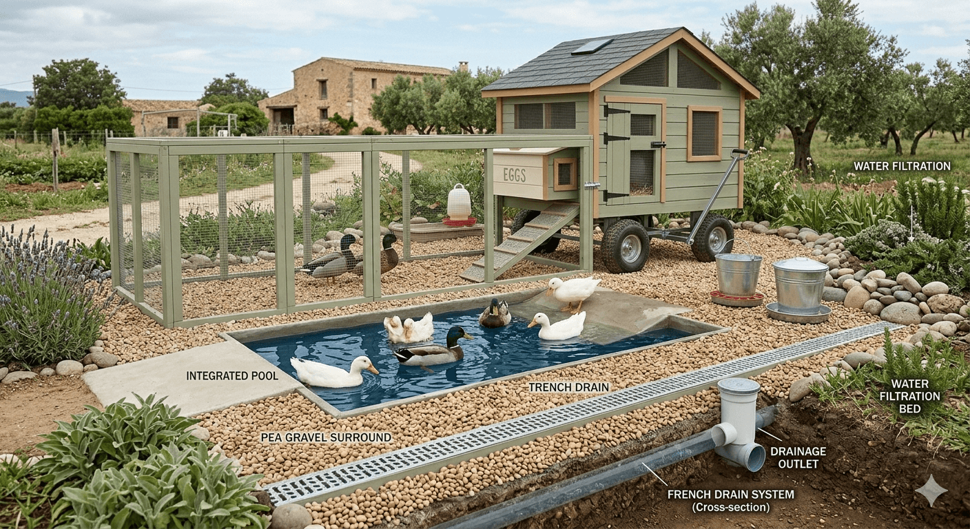 Ground-level duck nesting boxes along a wall