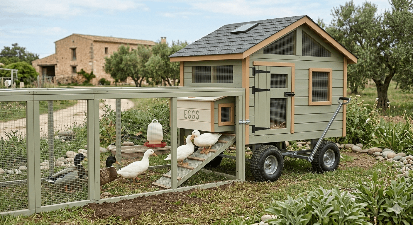 Anchored floating daytime duck shelter on a pond