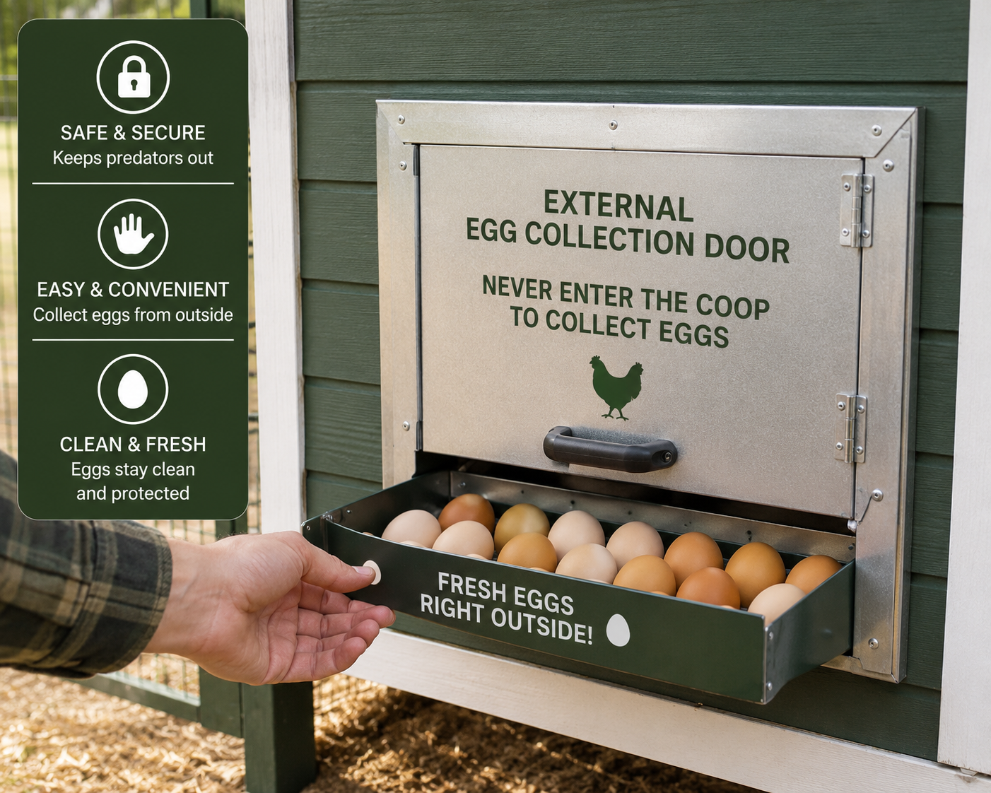 External chicken coop egg collection door