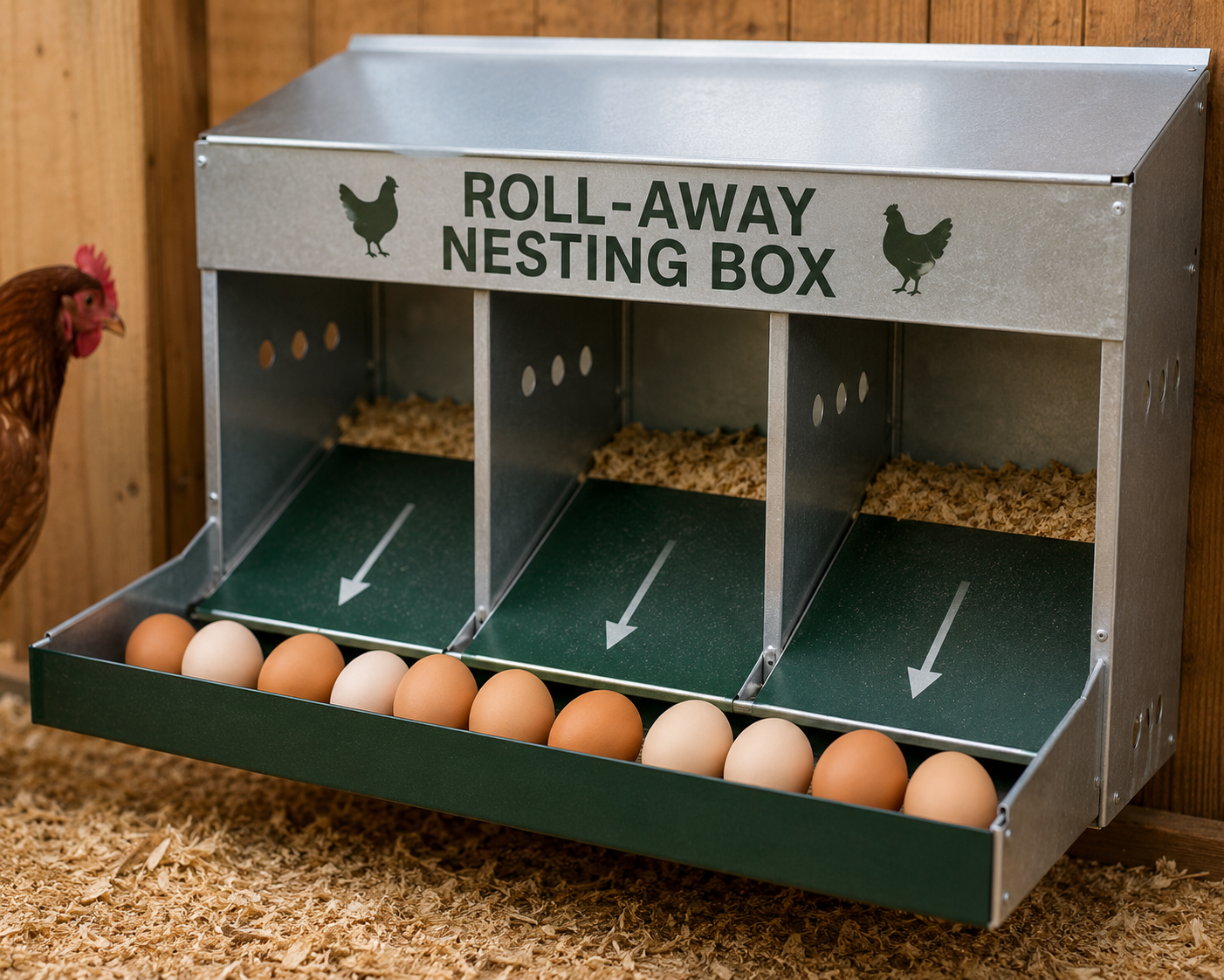 Roll-away nesting box inside a chicken coop