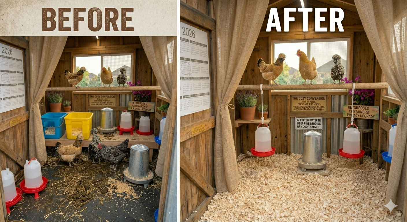 Wet chicken-coop bedding near a poultry waterer